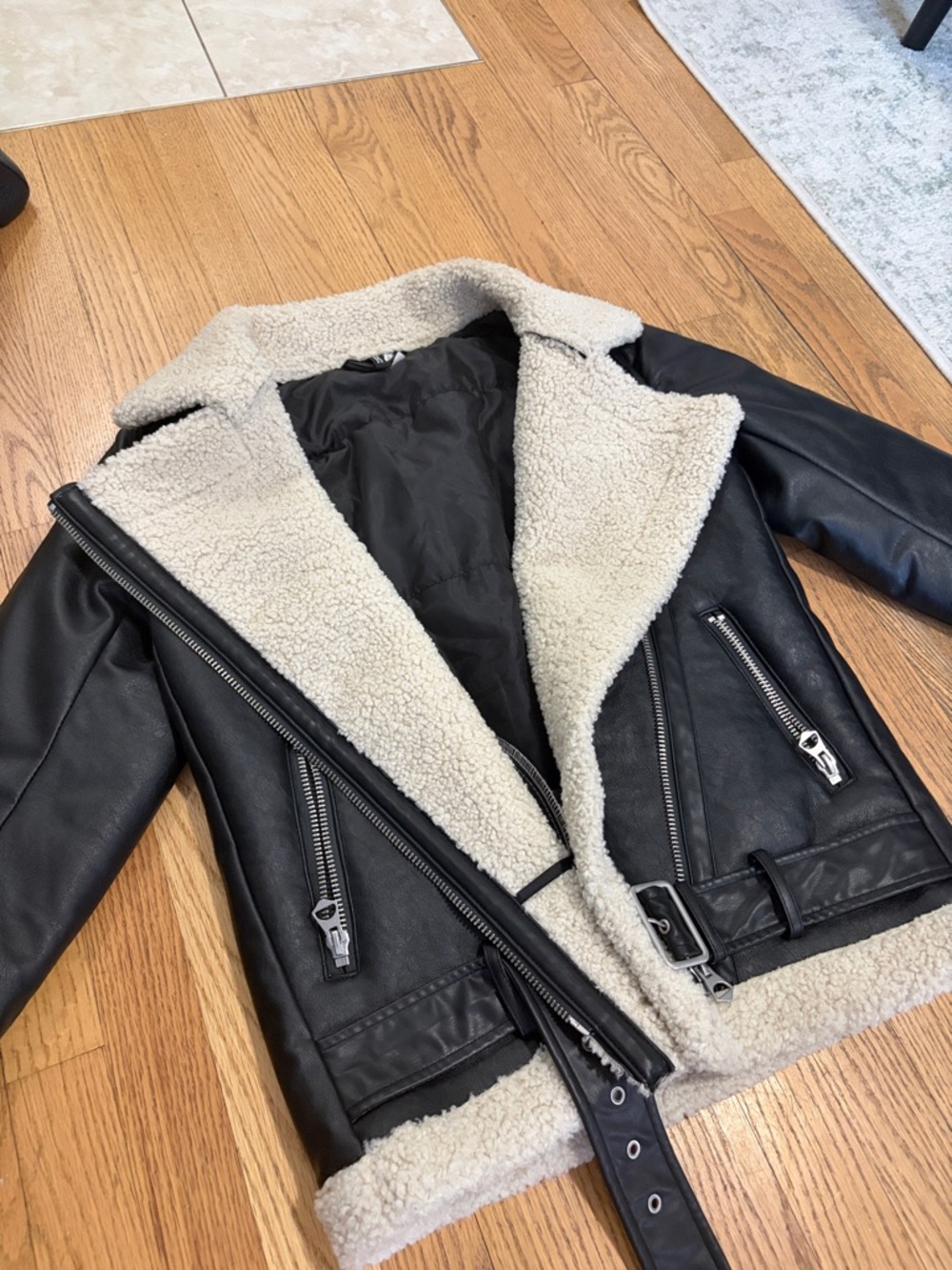 Black Faux Leather Sherpa-Lined Oversized Jacket